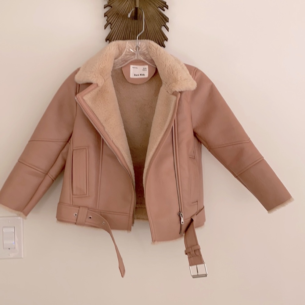 Zara girls leather and fur blush coloured jacket size 8
